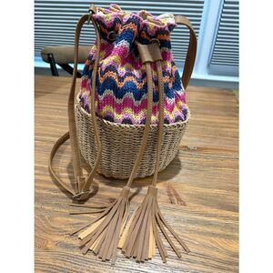 Bucket Bag Multicolor Knit & Woven With Crossbody Strap Tan Tassel Closure